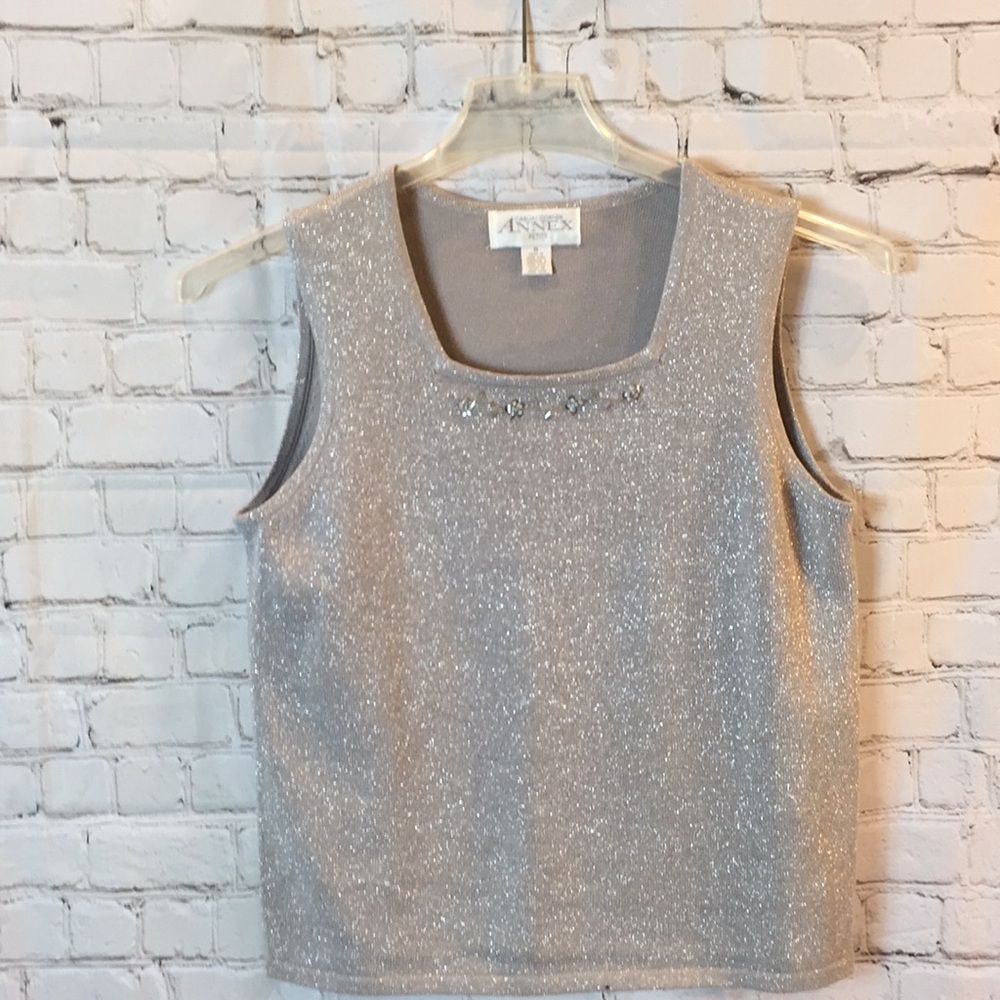 Casual Corner silver metalic top w embroider neck